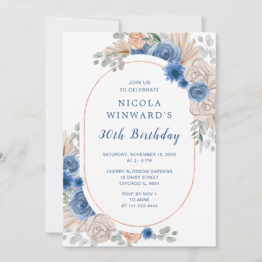 Blue Boho Pampas Grass Birthday Party Einladung (Vorderseite)