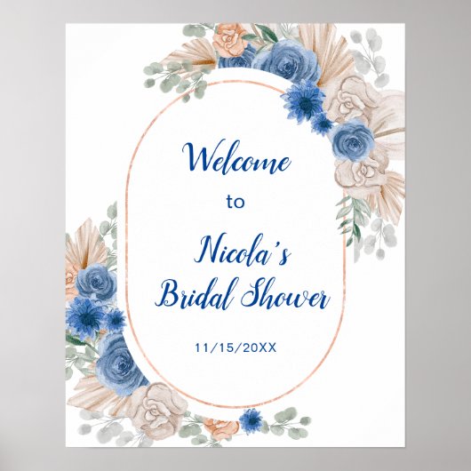 Blue Boho Pampas Grass Bridal Shower Poster (Vorne)