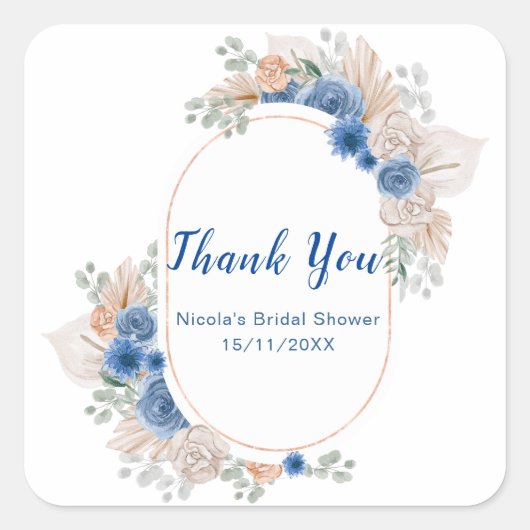 Blue Boho Pampas Grass Bridal Shower Quadratischer Aufkleber (Vorderseite)