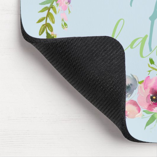 Blue Boho Pastell Floral Name Script Monogram Mousepad (Ecke)