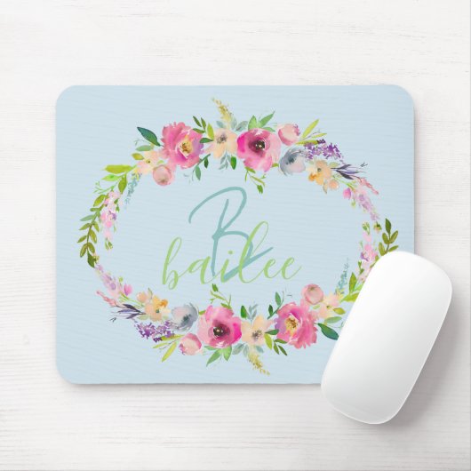 Blue Boho Pastell Floral Name Script Monogram Mousepad (Mit Mouse)