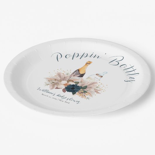 Blue Boho Poppin Champagner Flaschen Babydusche Pappteller (Schrägansicht)