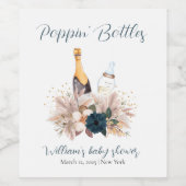 Blue Boho Poppin Champagner Flaschen Babydusche Weinetikett (Einzelnes Label)