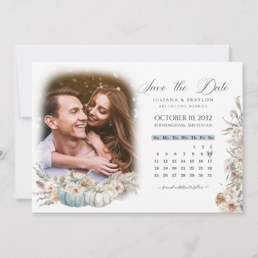 Blue Boho Pumpkins & Driving Floral Calendar & Fot Save The Date (Vorderseite)