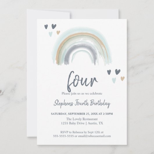 Blue Boho Rainbow 4. Geburtstags-Party Einladung (Vorderseite)