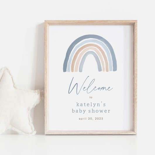 Blue Boho Rainbow Baby Dusche Begrüßungszeichen Poster
