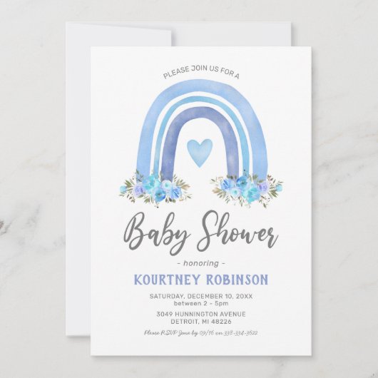 Blue Boho Rainbow Boy Baby Shower Einladung (Vorderseite)