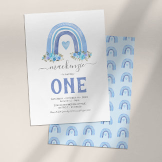 Blue Boho Rainbow Boy Einladung zum ersten Geburts