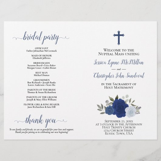 Blue Boho Rose DIY Fold Katholic Wedding Program (Vorderseite)