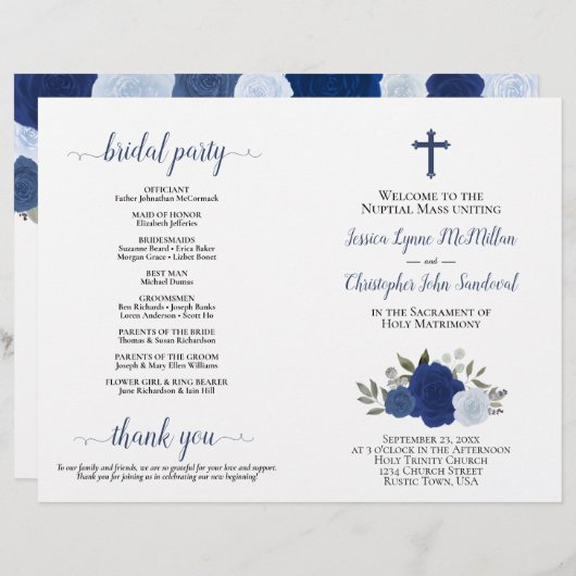 Blue Boho Rose DIY Fold Katholic Wedding Program (Vorne/Hinten)