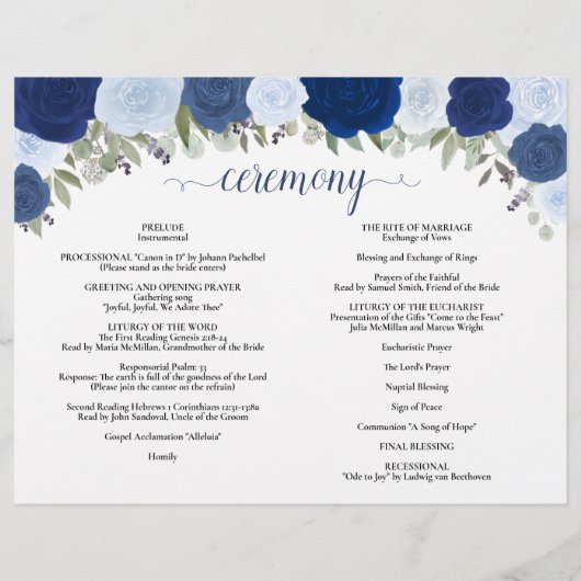 Blue Boho Rose DIY Fold Katholic Wedding Program (Rückseite)