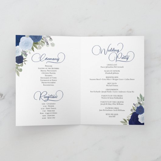 Blue Boho Rose & Foto Elegante Hochzeit Programm (Innenseite)