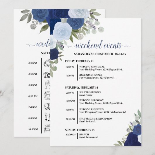 Blue Boho Roses Wedding Events & Timeline Programm (Vorne/Hinten)