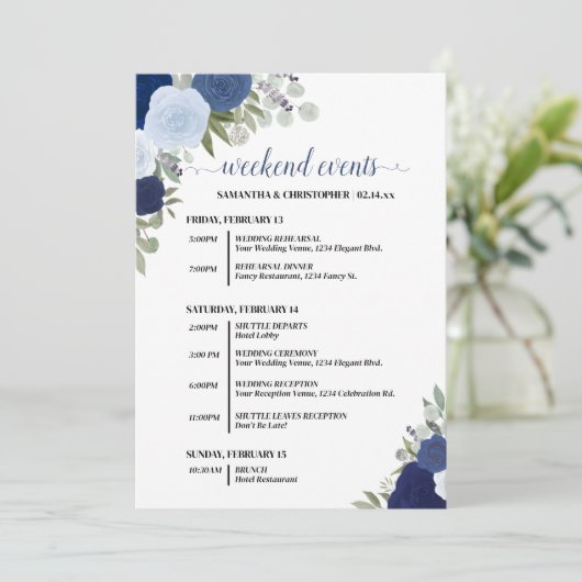 Blue Boho Roses Wedding Events & Timeline Programm (Stehend Vorderseite)