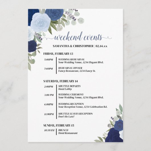 Blue Boho Roses Wedding Events & Timeline Programm (Vorderseite)
