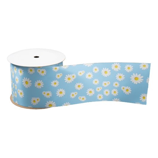 Blue Boho Spring Daisies Pattern Satinband (Spule)