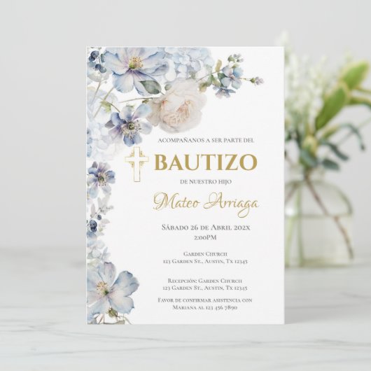 Blue Boho Taufe Einladung (Stehend Vorderseite)