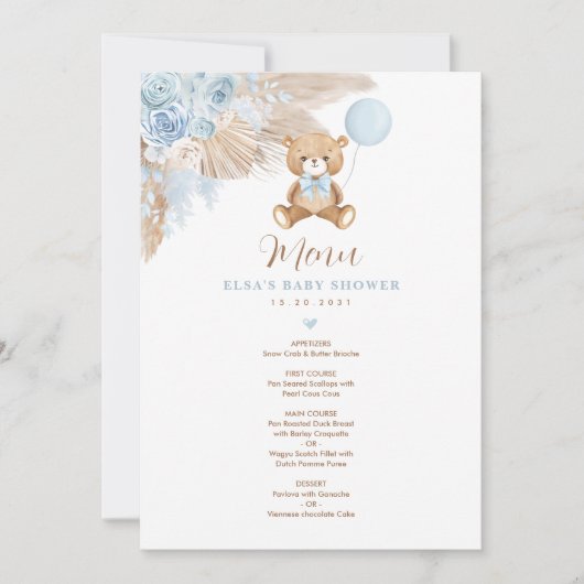 Blue Boho Teddy Bear Balloon Baby Showkarte Einladung (Vorderseite)
