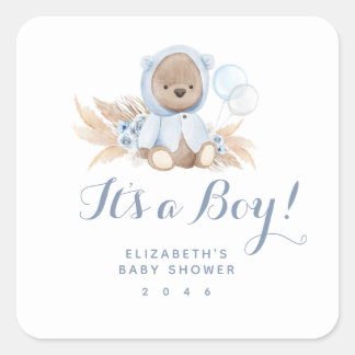 Blue Boho Teddy Bear Boy Baby Dusche Quadratischer Aufkleber
