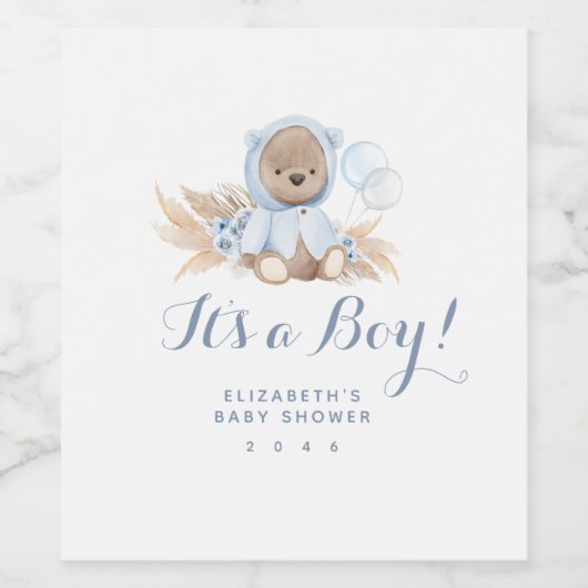 Blue Boho Teddy Bear Boy Baby Dusche Weinetikett (Einzelnes Label)