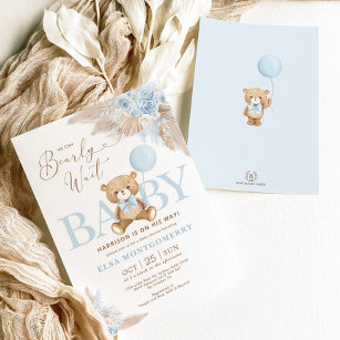 Blue Boho Teddy Bear Pampas Grass Boy Baby Dusche Einladung