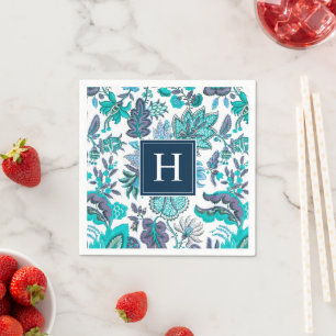 Blue Boho Vintag Floral Mit Monogramm Serviette