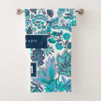 Blue Boho Vintag Floral Monogramm Badhandtuch Set