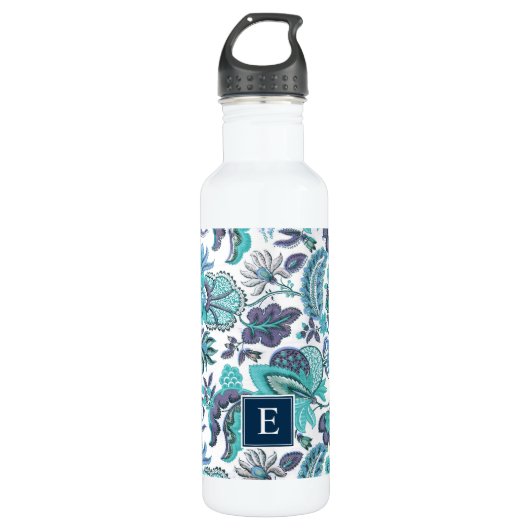Blue Boho Vintag Floral Monogramm Edelstahlflasche (Vorderseite)
