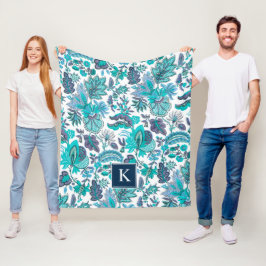 Blue Boho Vintag Floral Monogramm Fleecedecke