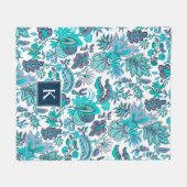 Blue Boho Vintag Floral Monogramm Fleecedecke (Vorderseite (Horizontal))