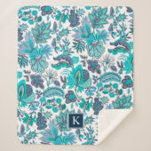 Blue Boho Vintag Floral Monogramm Sherpadecke (Vorderseite)