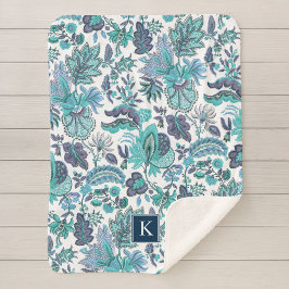 Blue Boho Vintag Floral Monogramm Sherpadecke
