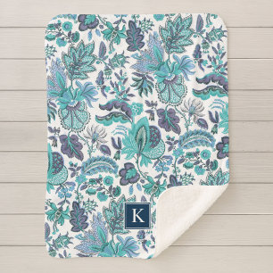 Blue Boho Vintag Floral Monogramm Sherpadecke