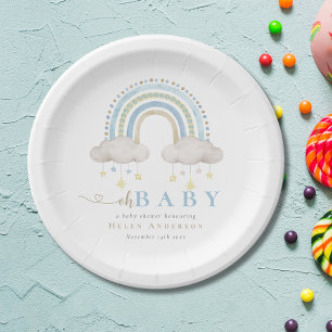 Blue Boho Watercolor Rainbow Boy Baby Dusche Pappteller