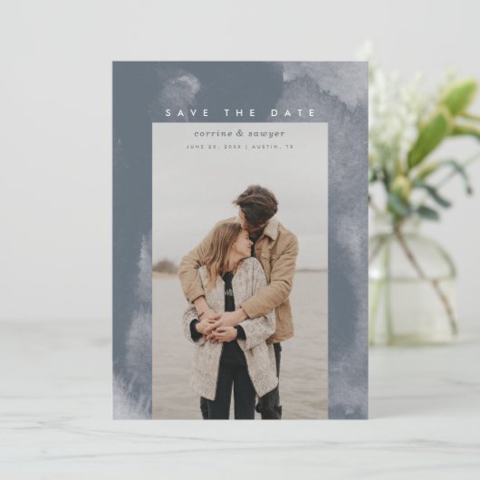 Blue Boho Watercolor Save the Date (Stehend Vorderseite)