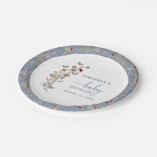 Blue Boho Wildblume Baby Dusche Pappteller (Schrägansicht)