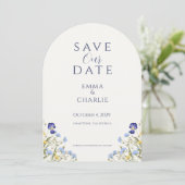 Blue Boho Wildflowers Wedding Save the Date Einladung (Stehend Vorderseite)