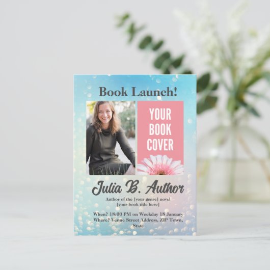 Blue Bokeh Autor Buch Einladung (Stehend Vorderseite)