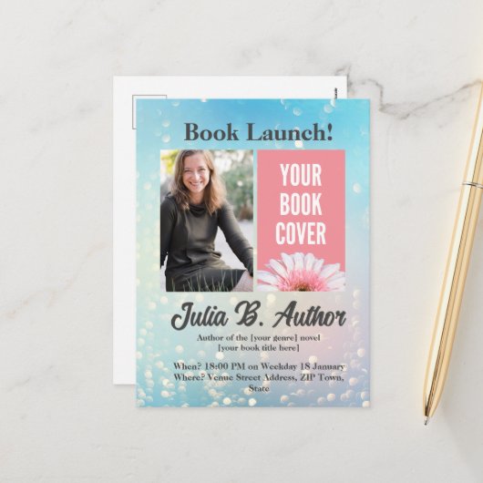 Blue Bokeh Autor Buch Einladung (Vorderseite/Rückseite Beispiel)