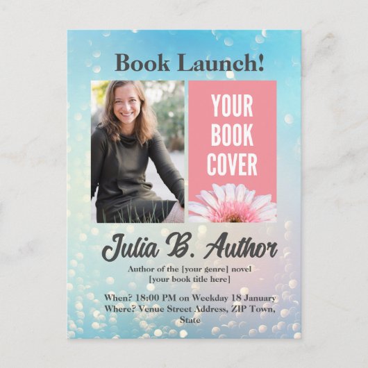 Blue Bokeh Autor Buch Einladung (Vorderseite)