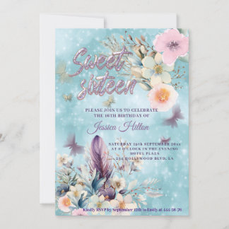 Blue Bokeh Butterfly boho floral 16 . Geburtstag Einladung