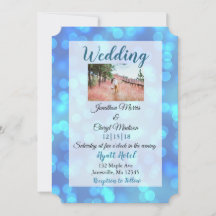 Blue Bokeh Foto Hochzeitseinladungen