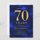 Blue Bokeh Gold feiert 70 Jahre Geburtstagsparty Einladung (Vorderseite)