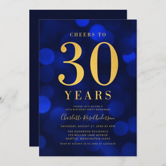 Blue Bokeh Gold freut sich auf 30 Jahre Geburtstag Einladung (Vorne/Hinten)