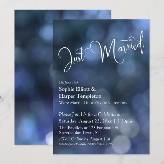 Blue Bokeh Light & "Just Married" Typografie Einladung (Vorne/Hinten)