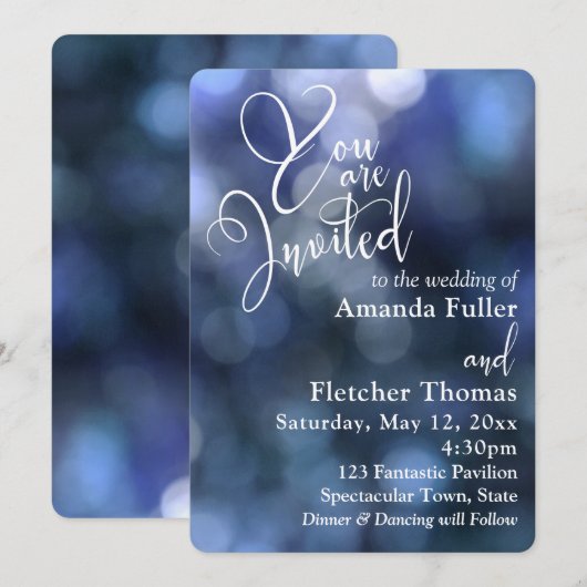 Blue Bokeh Light & Typography 32 Wedding 1 Einladung (Vorne/Hinten)