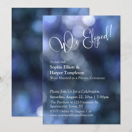 Blue Bokeh Light & "We Eloped" Typografie Einladung (Vorne/Hinten)