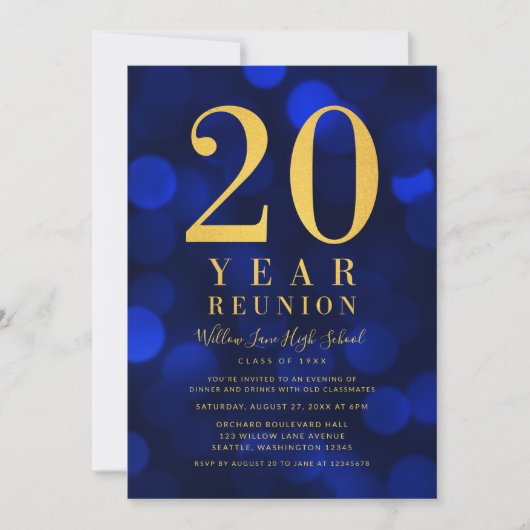 Blue Bokeh Lights 20-Jahres-Wiedersehen Einladung (Vorderseite)