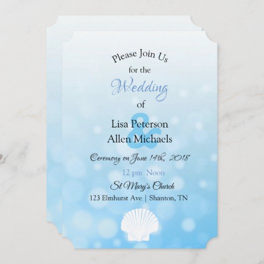 Blue Bokeh Seashell Wedding Einladung (Vorne/Hinten)