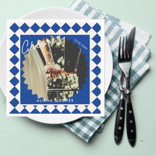 Blue Bold Cheers Retro Wedding Foto Napkin Serviette